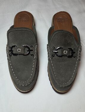 Donald J. Pliner Olive Green Suede Slip-On Loafers with Metal Bit,sz 9 1/2.